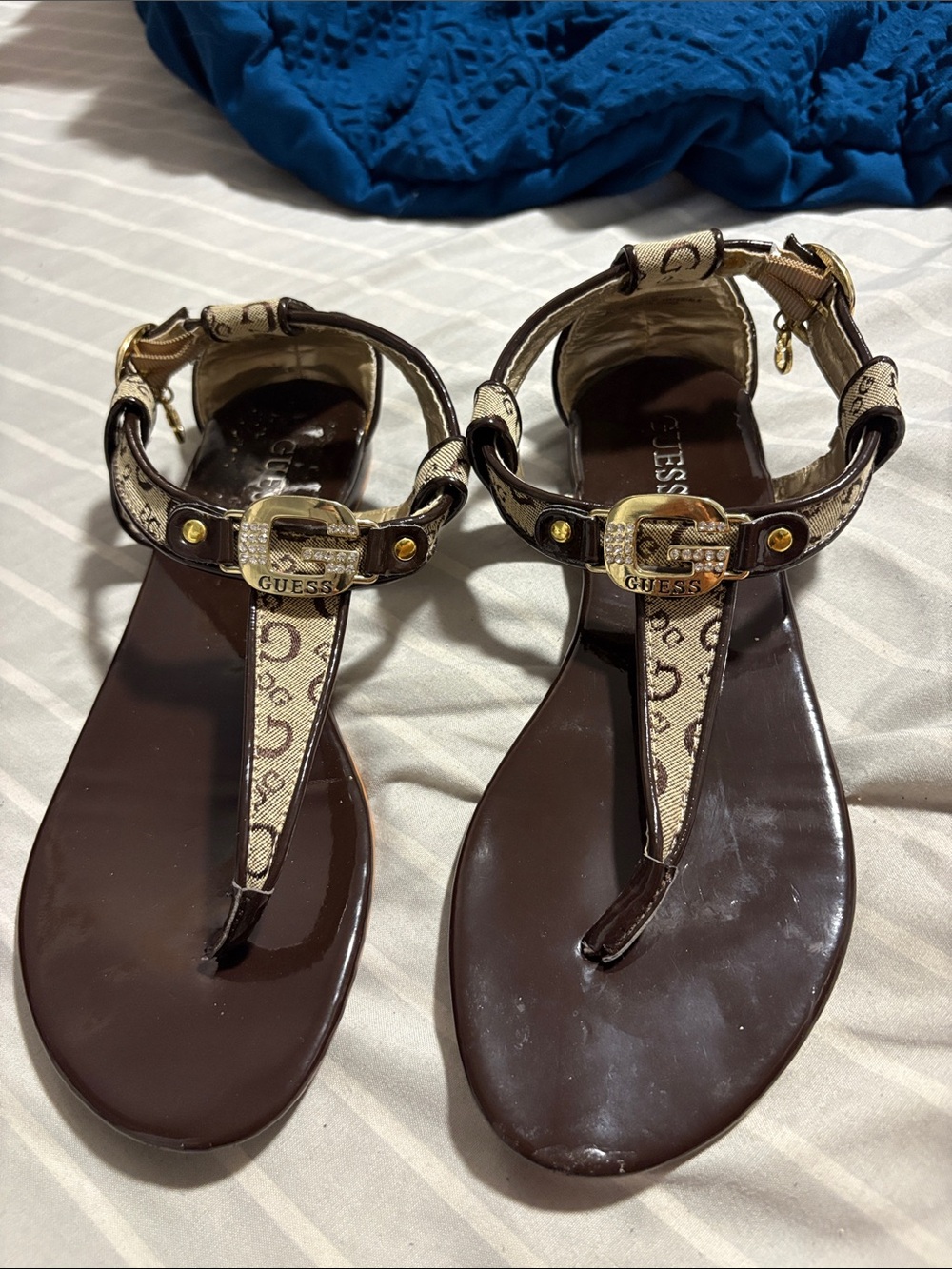 Guess Brown Logo T-Strap Sandals with Gold Buckle
